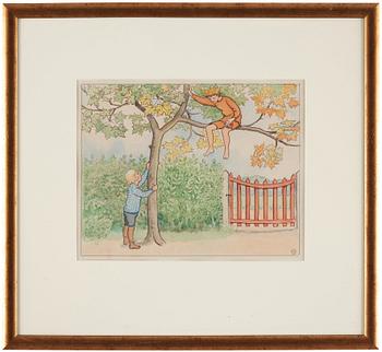 Elsa Beskow, Lasse throwing a ball to Prince September in the maple tree.