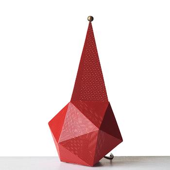 Mathieu Matégot, a "Bagdad" red lacquered perforated and corrugated sheet metal table lamp, ed. Atelier Mategot, France post 1954.