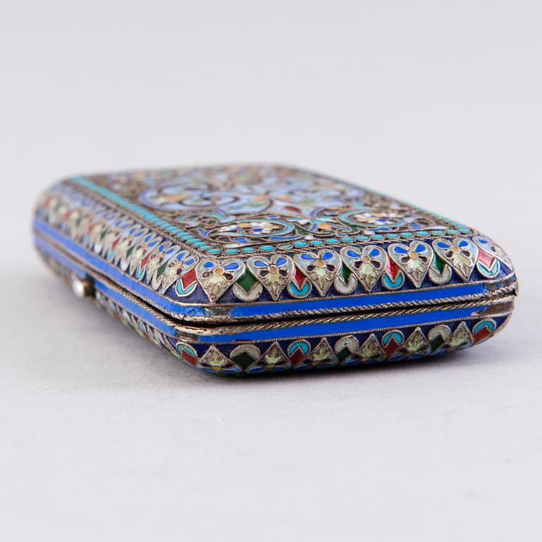 A CIGARETTE CASE, silver (88) and cloisonné enamel, Ovchinnikov, Moscow 1887, Russia.