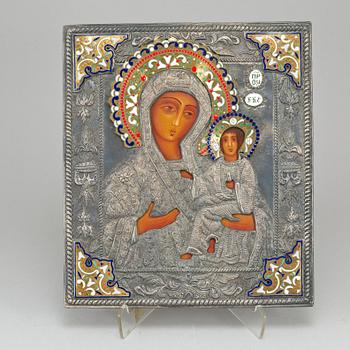 An Ikon with Jesus and Mary, silvered and enamelled ochlad/rizza, 20th Century.