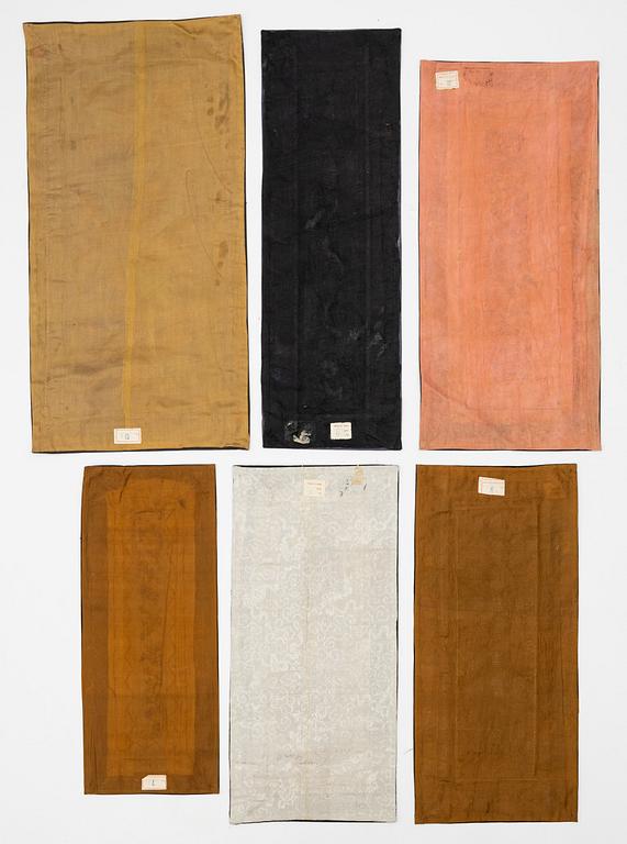 Silk panels, six pieces, China, late Qing dynasty/circa 1900.