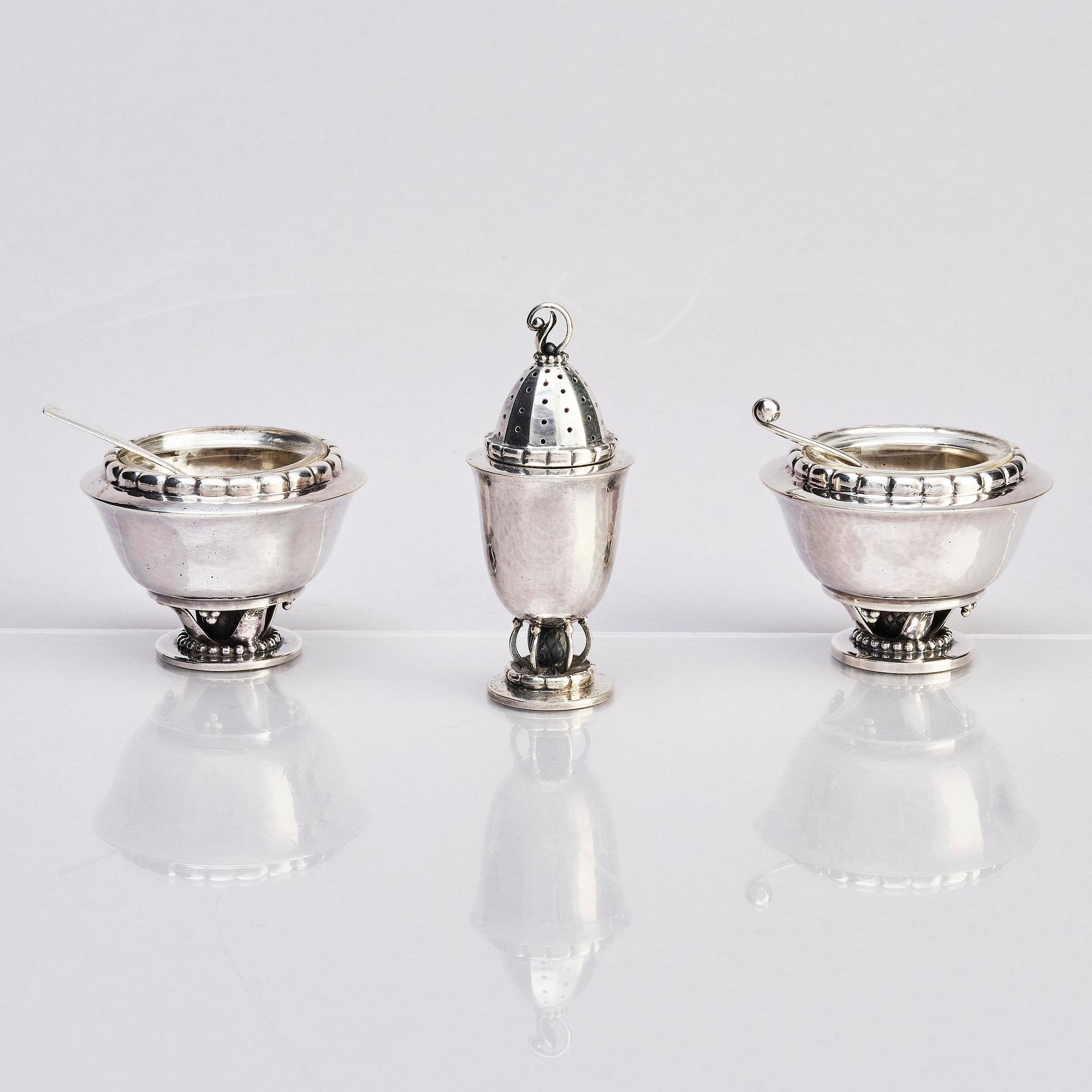 Georg Jensen, spice set, 3 pieces, silver, Copenhagen 1915-1927.