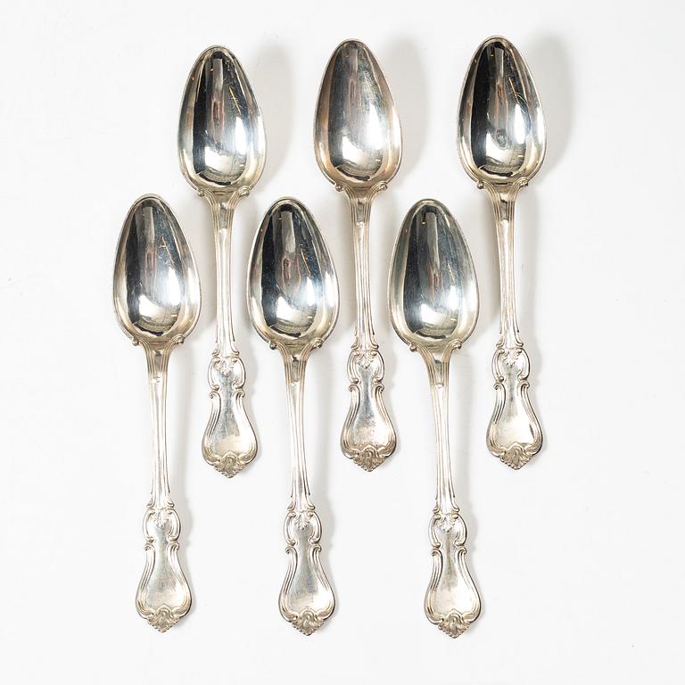 HG Vogt, bordsskedar, 6 st, silver, modell Olga, Stockholm 1847.
