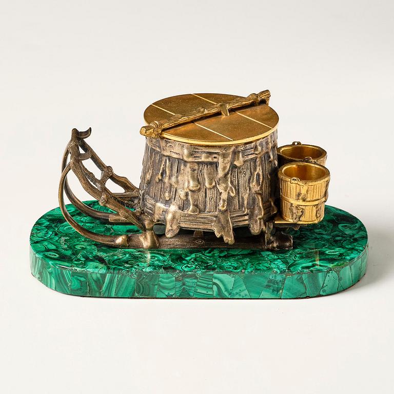 A Russian Alexander II malachite-veneered, silvered and gilt bronze inkwell, later part 19th century.