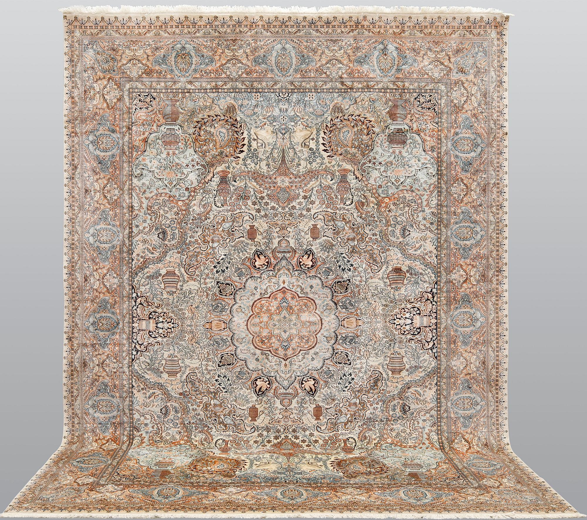 A silk carpet, Kashmir, approx. 377 x 269 cm.