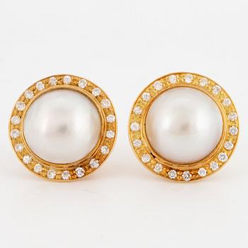 18K gold, mabe pearl and brilliant-cut diamond earrings.