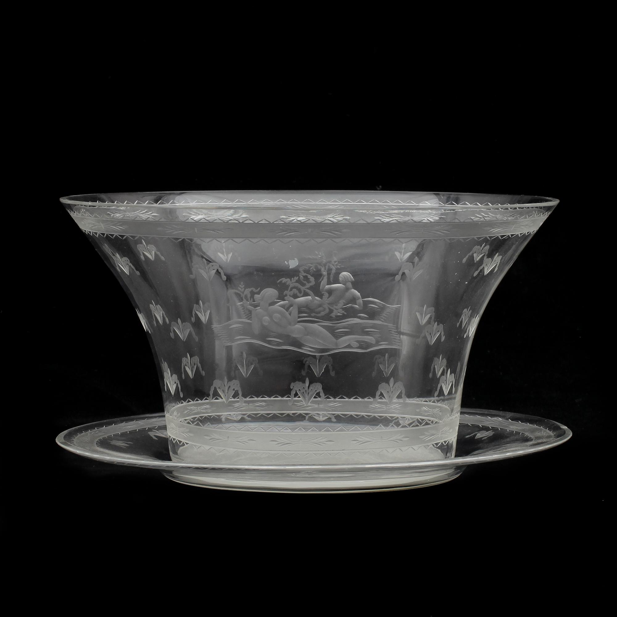 EDWARD HALD, skål med fat, glas, Orrefors, signerad, daterad 1931.