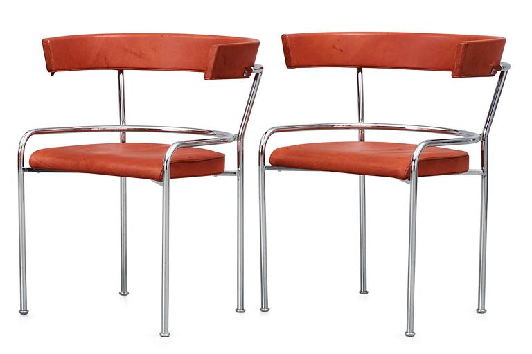 A pair of Gunnar Asplund chromed steel and leather armchairs by Källemo Sweden.