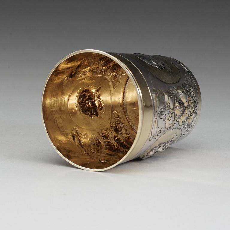 A German 17th century parcel-gilt beaker, makersmark of Balthazar Haydt, Augsburg, 1670.