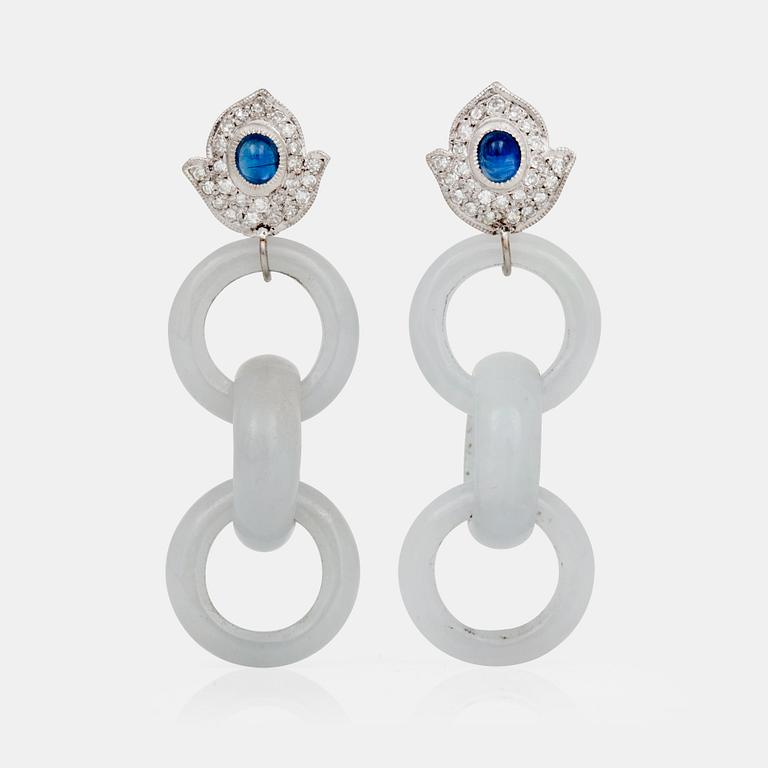 A pair of white jadeite, brilliant-cut diamond and sapphire earrings.