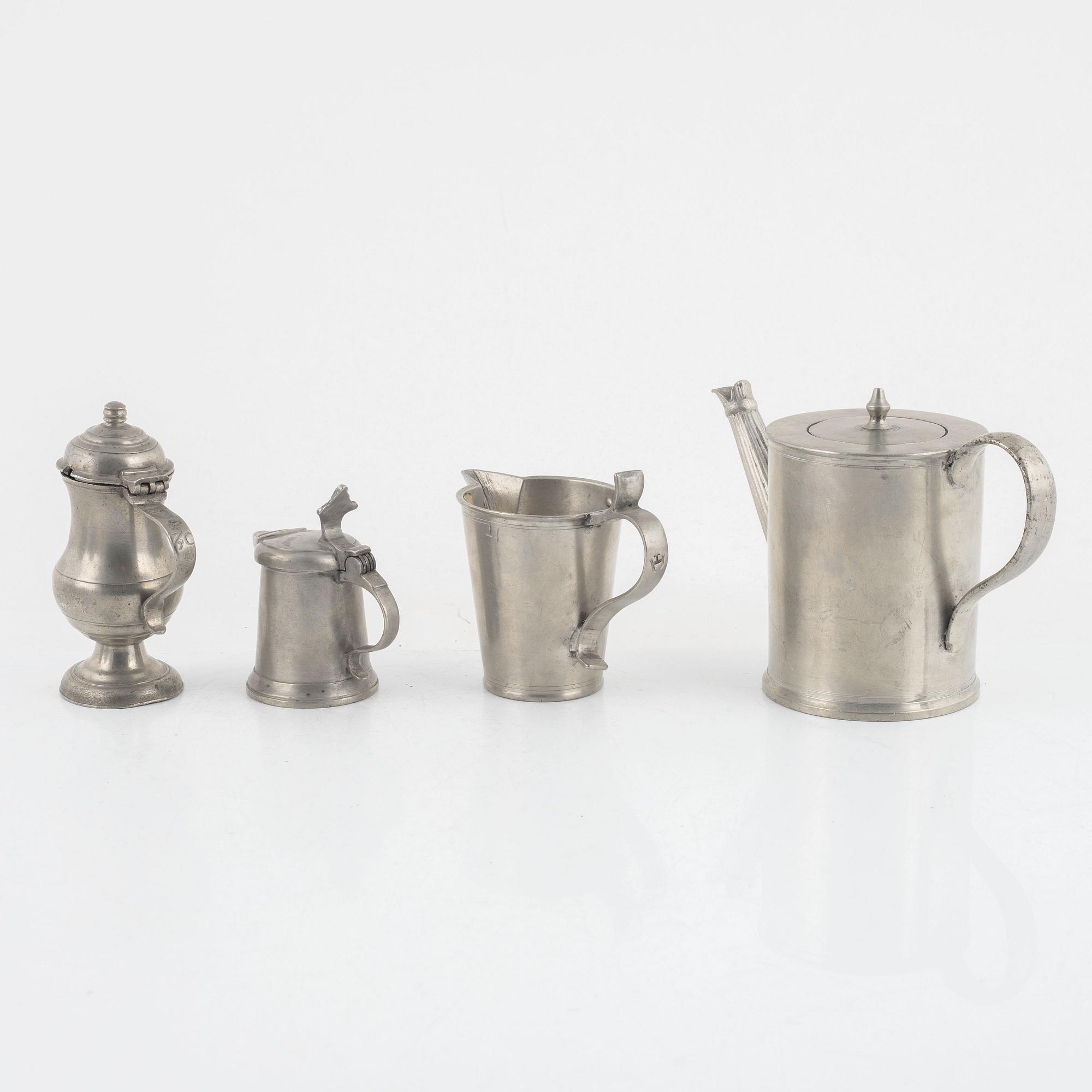 Four pewter items, various masters, 18th - 19th century.