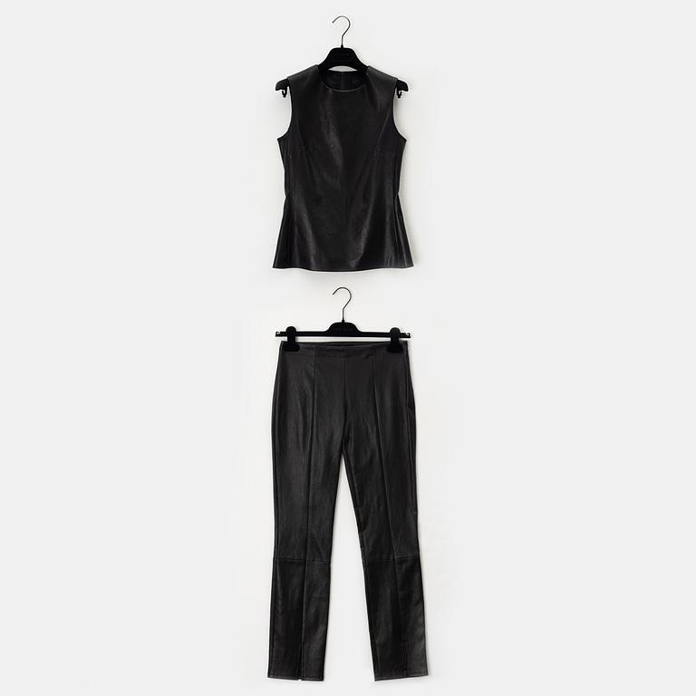 The Row, a black leather top and pants, size 0.