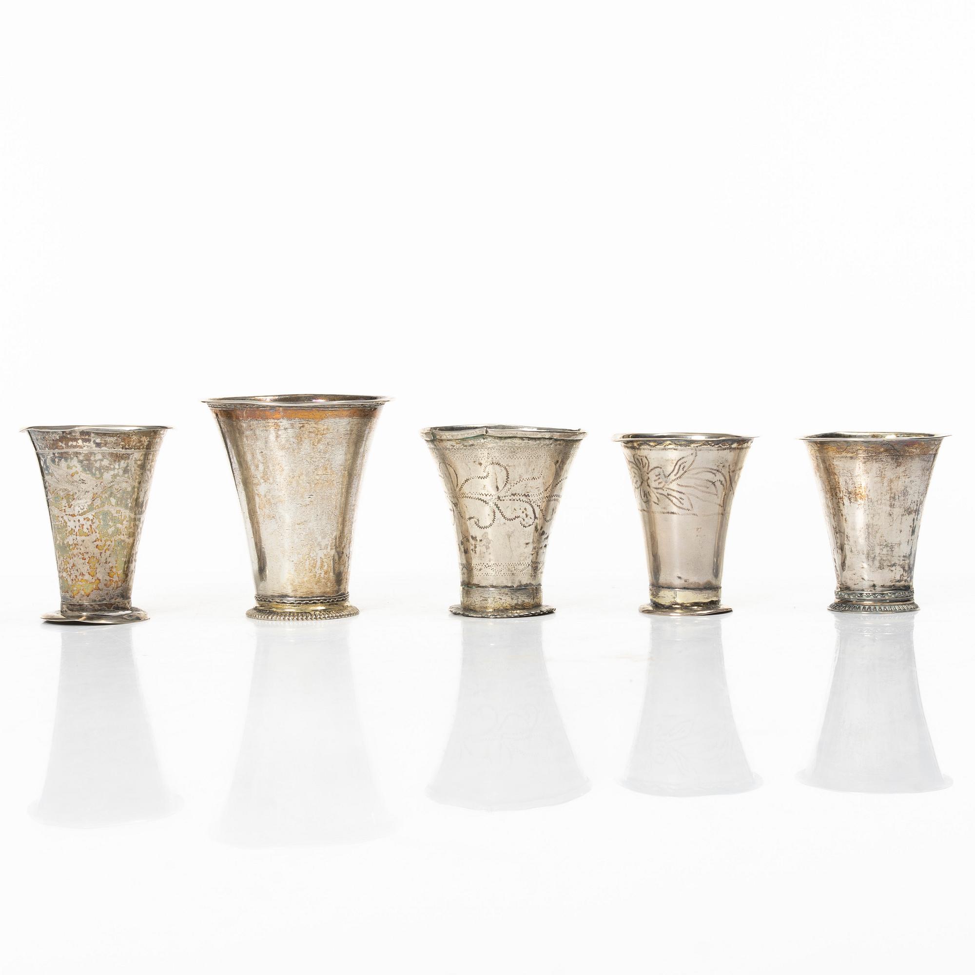 Five Swedish silver beakers, 18th/19th century.
