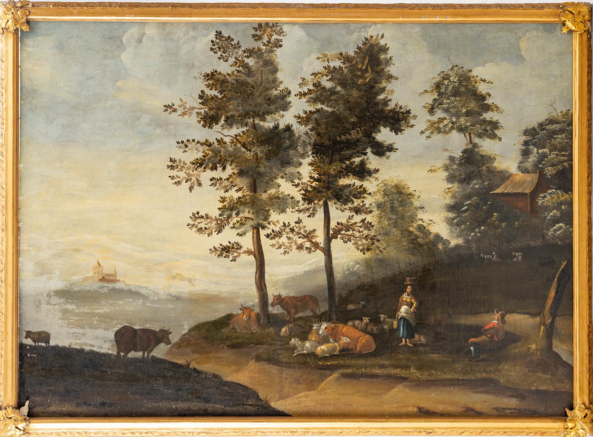 Aelbert Cuyp, follower of., Pastoral coastal landscape with figures and livestock.