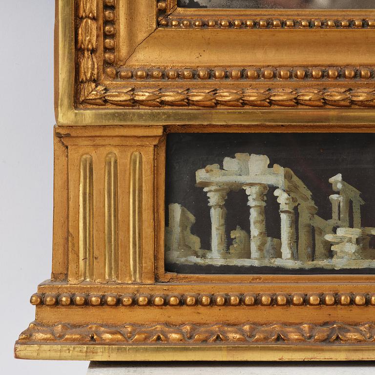 A late Gustavian giltwood and gouache-inset mirror, Stockholm, late 18th century.