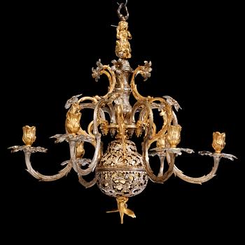 Carl Edberg's Masterpiece, a Swedish rococo silvered and gilt-brass six-light chandelier, circa 1755.