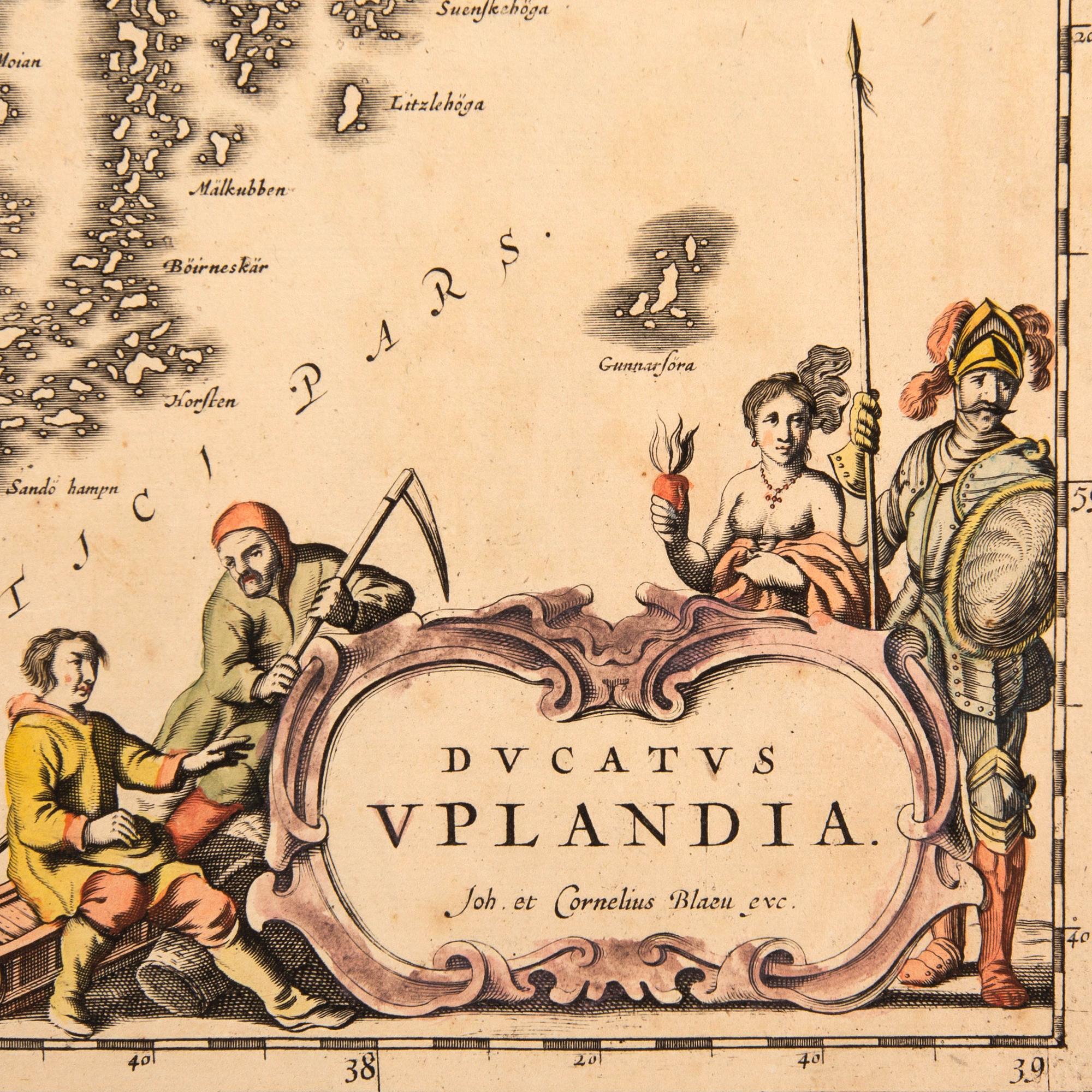 Joan & Cornelius Blaeu, map the duchy Uppland Sweden, copper engraving, Amsterdam mid 17th Century.
