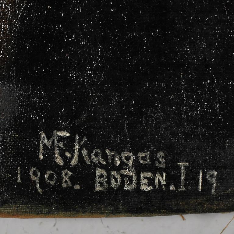OKÄND KONSTNÄR, olja på duk, uppklistrad på papp, signerad MF Kangas, daterad Boden 1908.