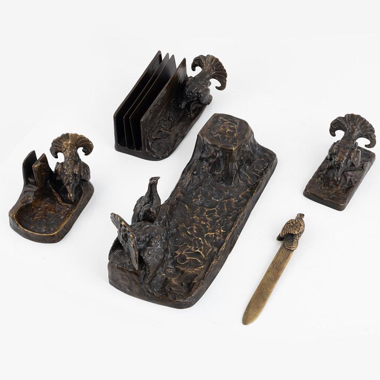 Friedrich Gornik, a five-piece bronze desk set modelled with black grouse, Jugend, 1910's/1920's.