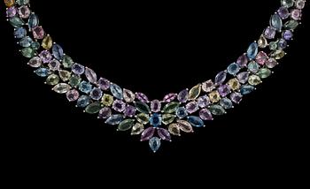 1084. A multi coloured sapphire app. tot. 110 cts necklace. Link to adjust length included.