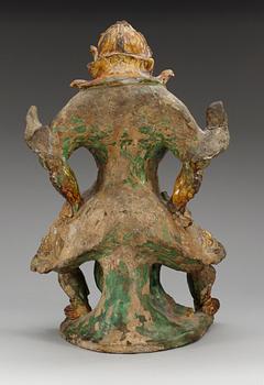 A large sancai glazed roof tile figure of a warrior, Ming dynasty, 17th Century.