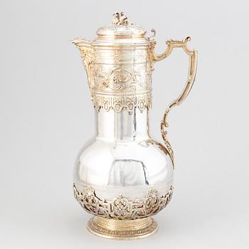 Vinkanna, silver med glasinsats, Fransk exportstämpel, efter 1879. Renässans-stil.