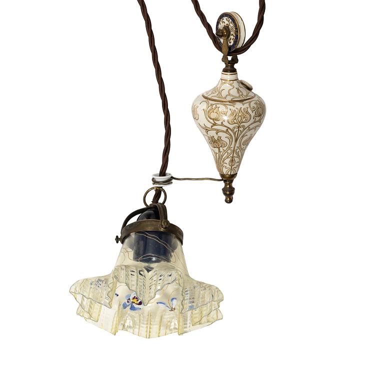 A glass and creamware lamp, possibly France, Art Nouveau.