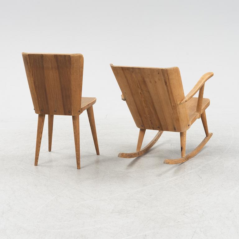 Göran Malmvall, a set of four pine chairs and a rocking chair, Svensk Fur, mid 20th Century.