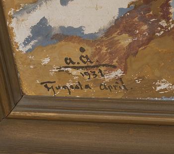 ACKE ÅSLUND, olja på pannå. Monogramsignerad och daterad 1931 "Fjugesta April".