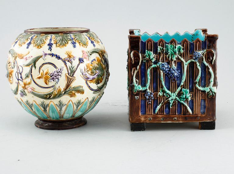 Four majolica pots, three marked Rörstrand, around year 1900.