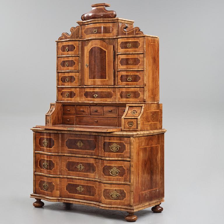 A South German late Baroque walnut and burr-walnut writing cabinet, first part of the 18th century.