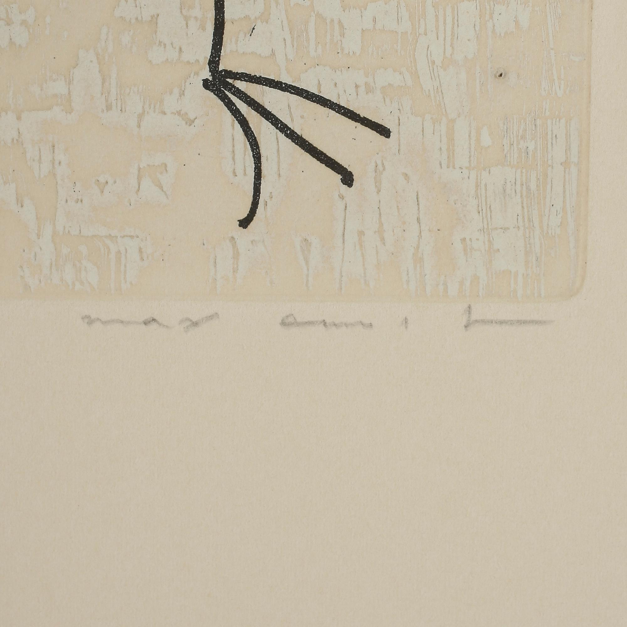 MAX ERNST, färgetsning med collage signerad med blyerts 23/100. Utförd 1975.