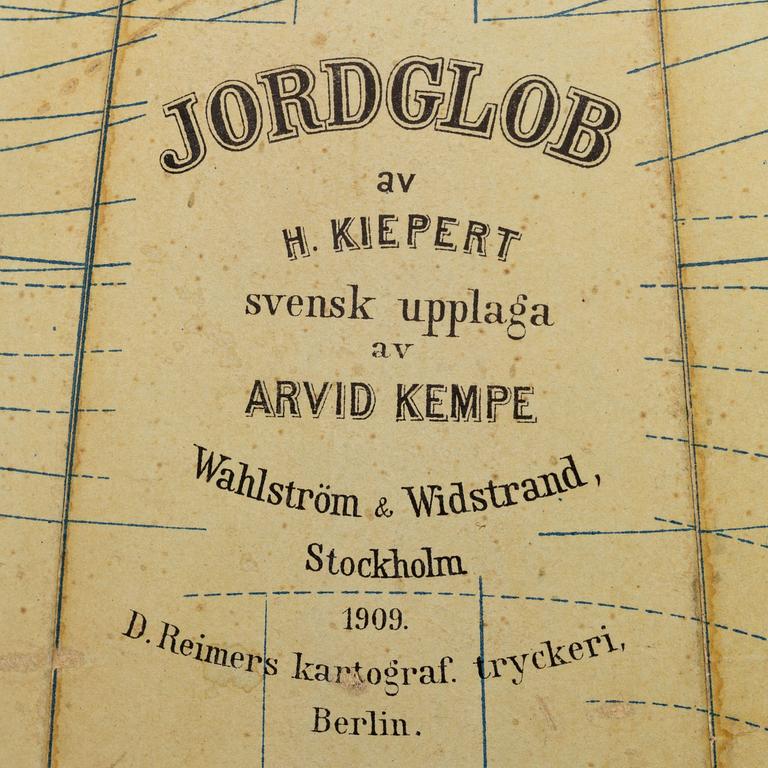 A globe by H.Keipert & ARvid Kempe, Wahlström & Widstrand, Stockholm, Sweden, 1909.