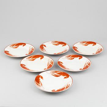 Alf Wallander, kräftassietter, 6 st, flintgods, Rörstrand, tidigt 1900-tal.