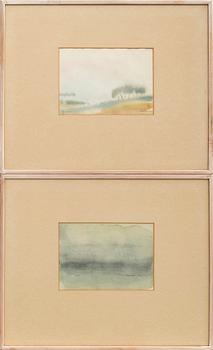 Margit Jones, akvareller, 2 st, "Dimman" och "Oro".