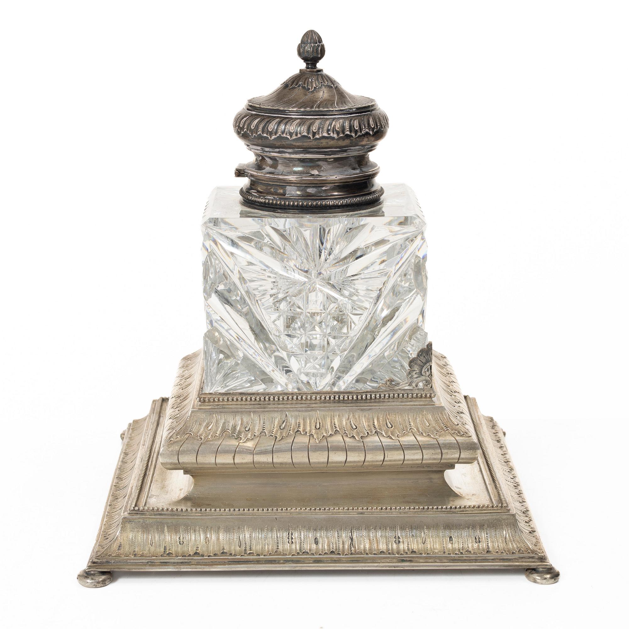 A Russian inkwell, silver and glass, Morozov, St. Petersburg, Russia, turn of the 20th century.