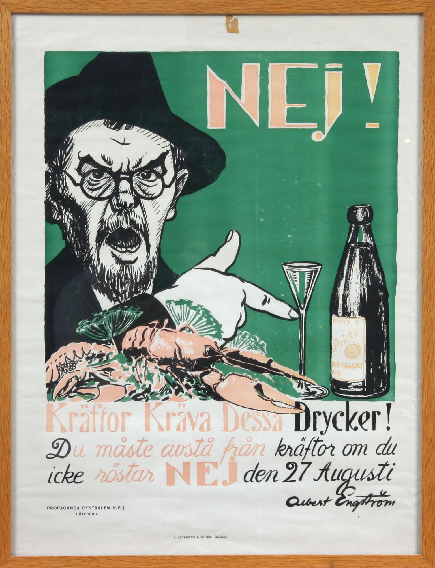 FÖRBUDSAFFISCH, Albert Engström, utgiven av Propagande centralen N.E.J, A. Lindgren & Söner, Göteborg.