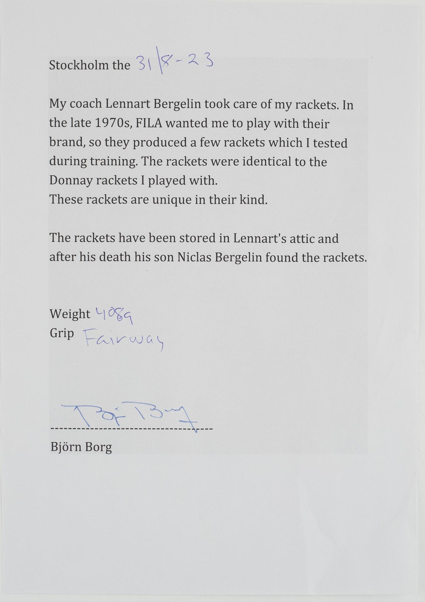 Tennis racket, Fila. Signed by Björn Borg. Specially customized FILA prototype racket in wood, 1977/78.