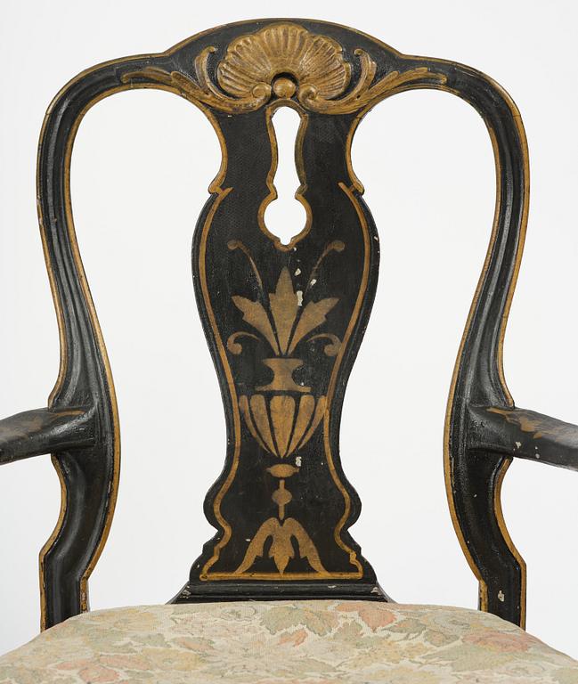 A pair of japanned Swedish rococo armchairs, Stockholm, later part 18th century.