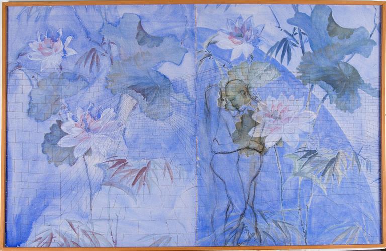 PETRI HYTÖNEN, akryyli, hiili ja tussi, pingotettu kukkakankaalle, signeerattu ja päviätty -92.