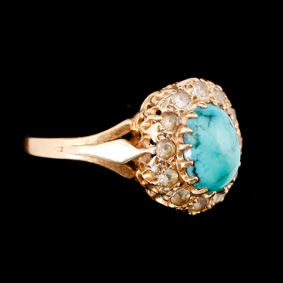 RING, 18 k guld, med turkos och vita stenar.