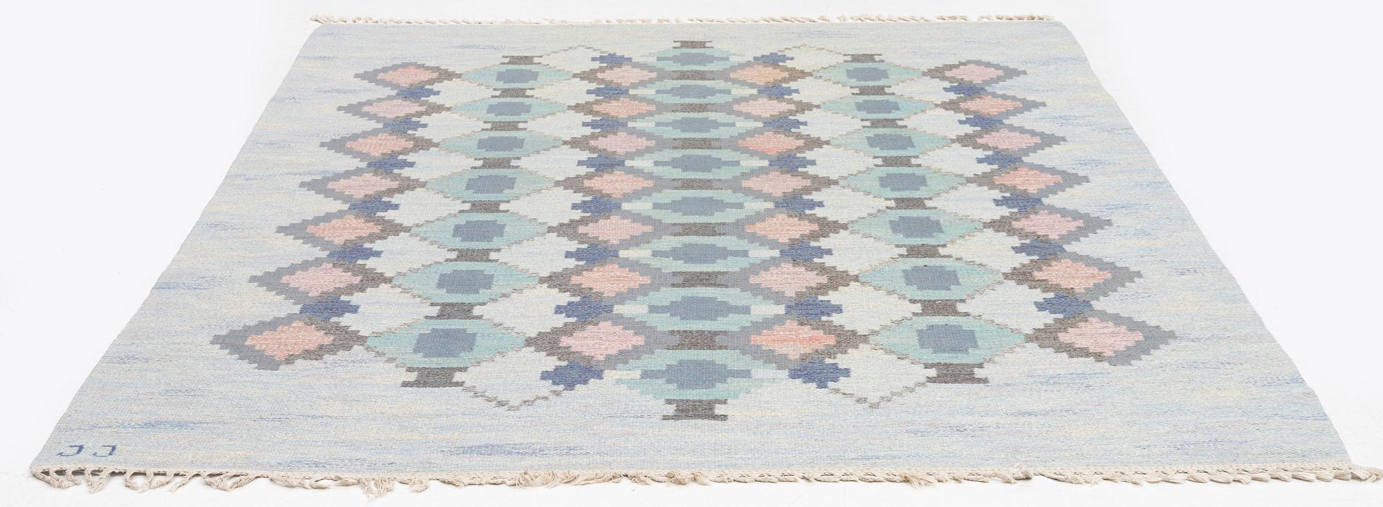 Judith Johansson, a carpet, 'Myosotis' ('Forget-me-not'), flat weave, c. 278 x 205 cm, signed JJ.