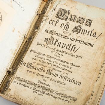 BOKPARTI, 3 volymer, bla Guds Werk och Hwila, av Haquin Spegel, Stockholm 1685.