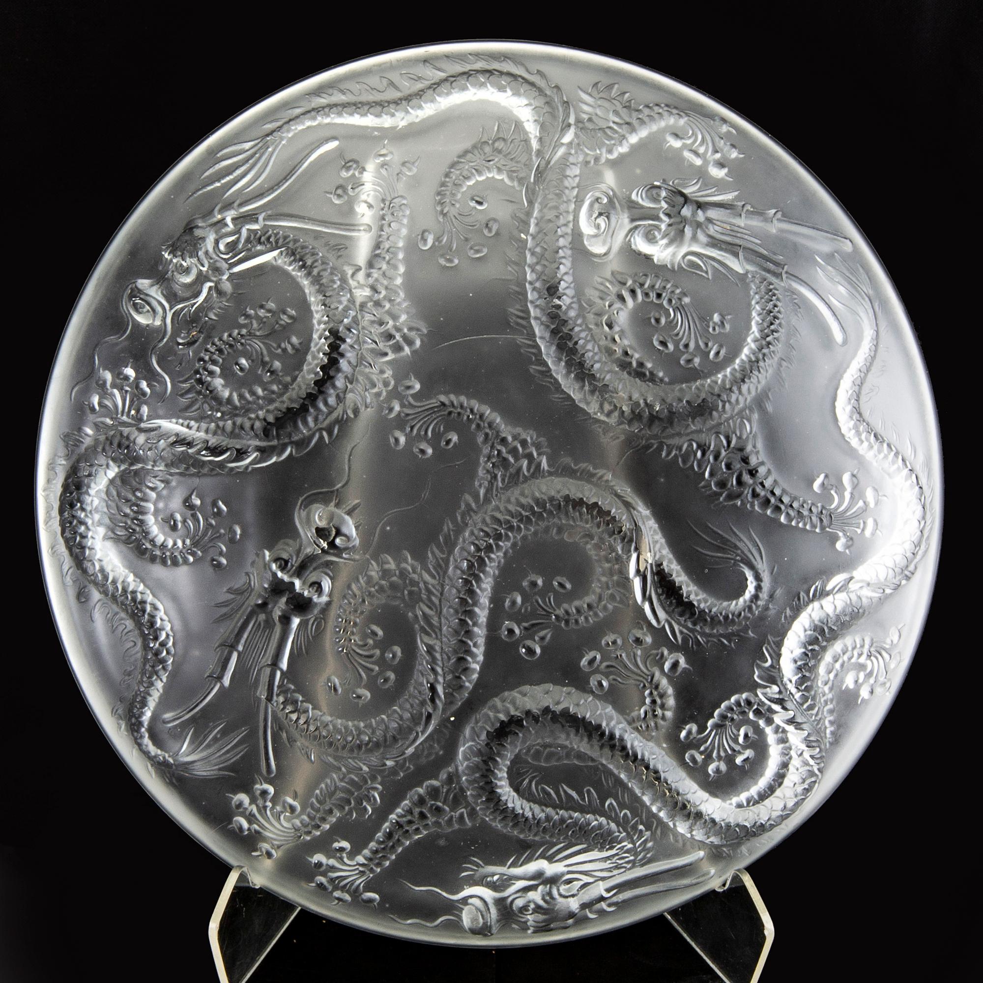 A unmarked Bohemian glass dish with a five clawed dragon, 20th Century.