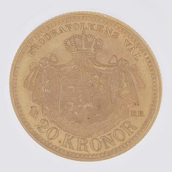 A gold coin, 20 swedish kronor, 1884, weight c 9 g.