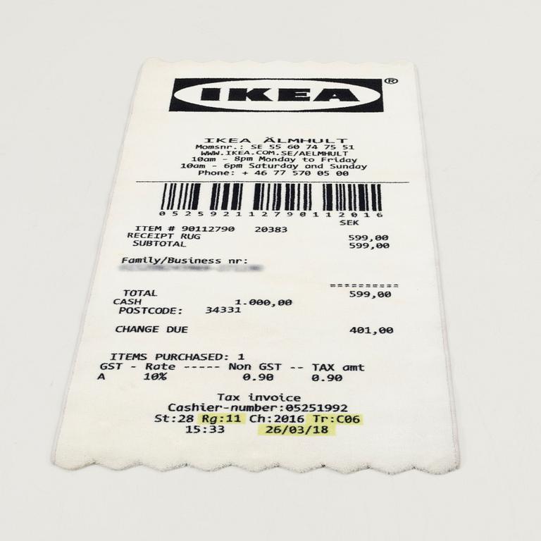 Virgil Abloh, matta "Kvitto", IKEA x Virgil Abloh, "MARKERAD" kollektion, ca 197 x 90 cm.