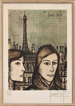 BERNARD BUFFET, färglitografi. "Deux femmes avant la tour Eiffel". Signerad och numrerad 95/250.