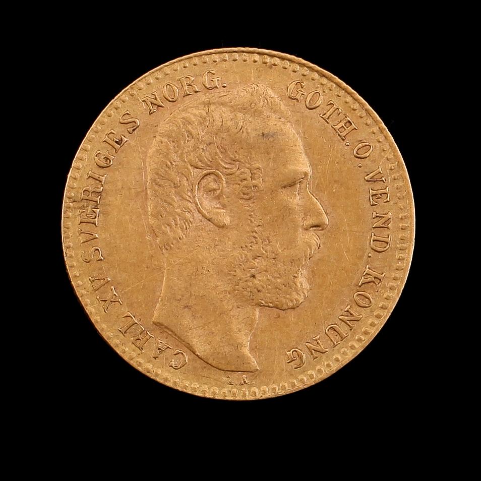 GULDMYNT, 10 francs/1 carolin, Carl XV, 1872. Vikt ca 3 gram.