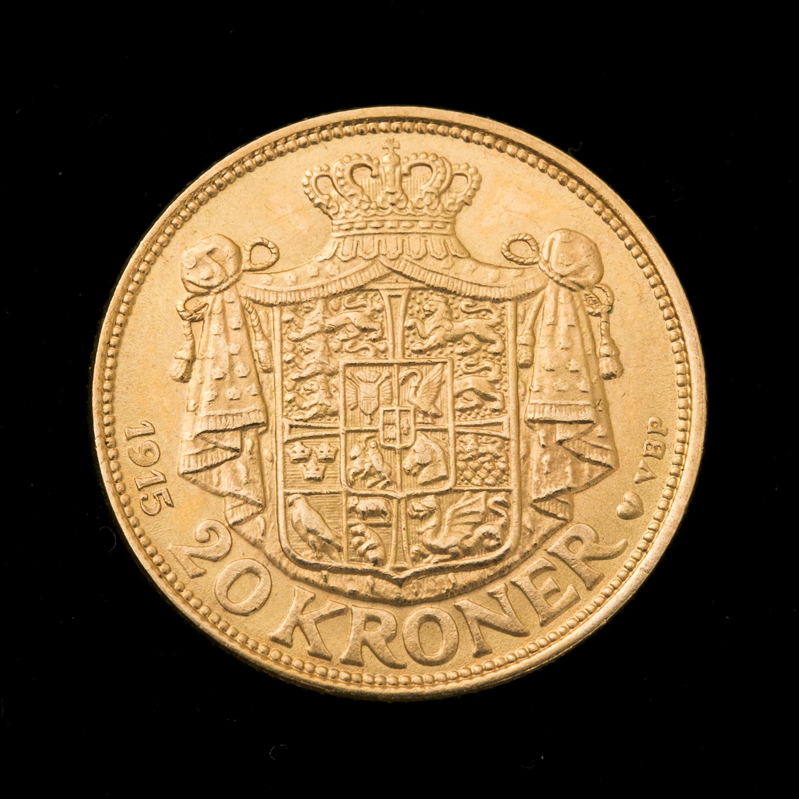 GULDMYNT, 20 kroner, Christian X, Danmark, 1915. Vikt ca 9 g.