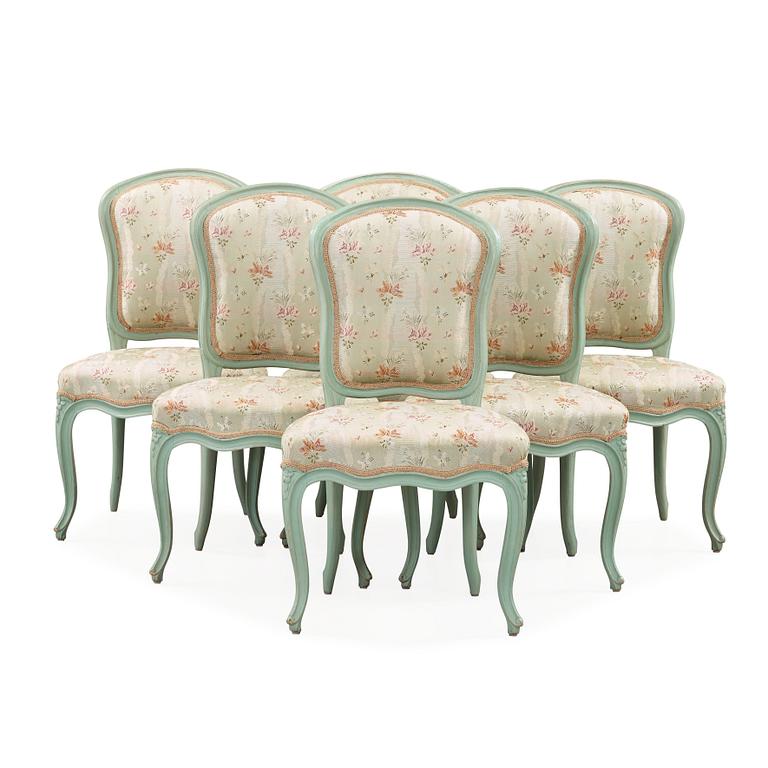 Six Swedish Rococo 18th century chairs.